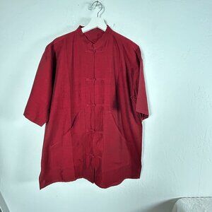 Vintage Womens Red Chinese Style Mandarin Collar Shirt Short Sleeve Frog Buttons